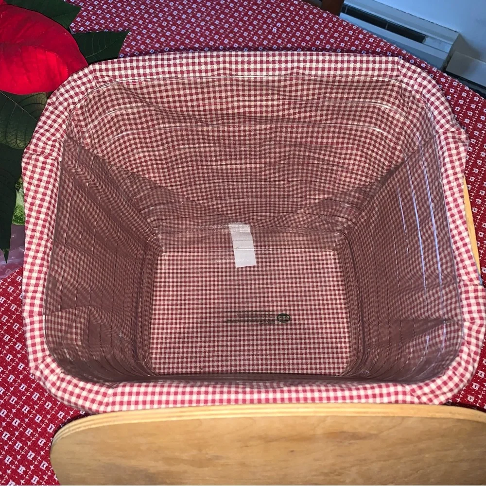 Peterboro Basket Co. NH Heart Knob Wood Covered Basket Gingham Denim Cloth